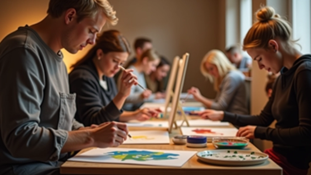 Group of people painting together at a wooden table in a warm art studio with paintbrushes and canvases