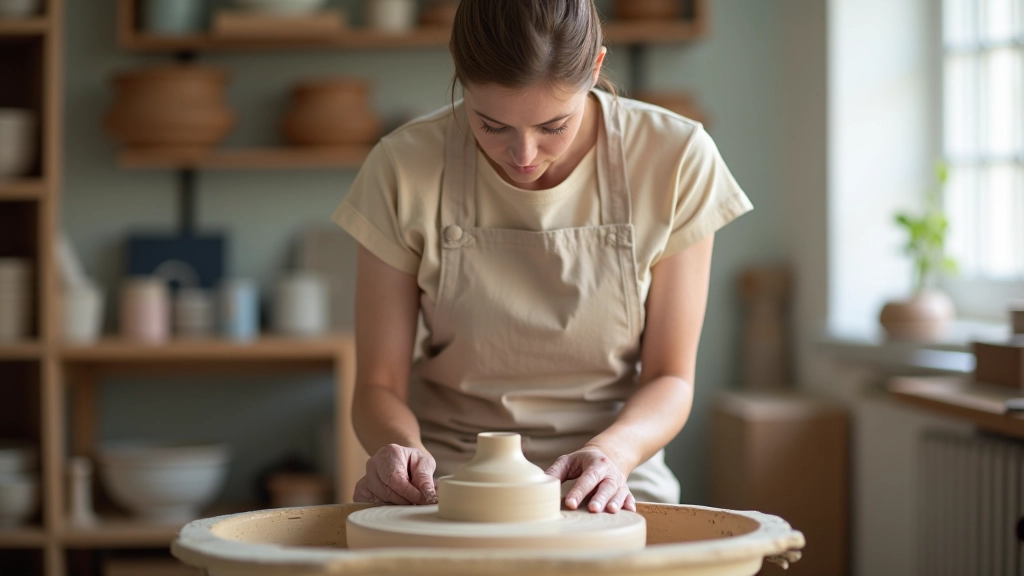 Artist working at a pottery wheel in a bright studio, hands shaping clay, shelves with finished ceramic pieces visible