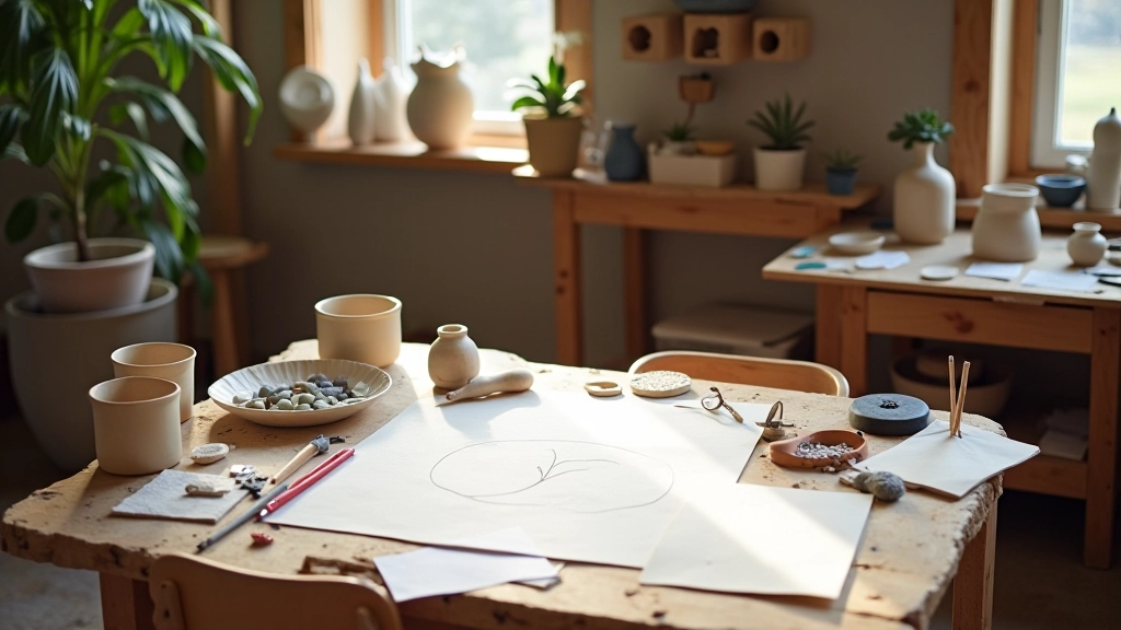 Craft workshop table with clay tools, materials, and finished pieces displayed on shelves
