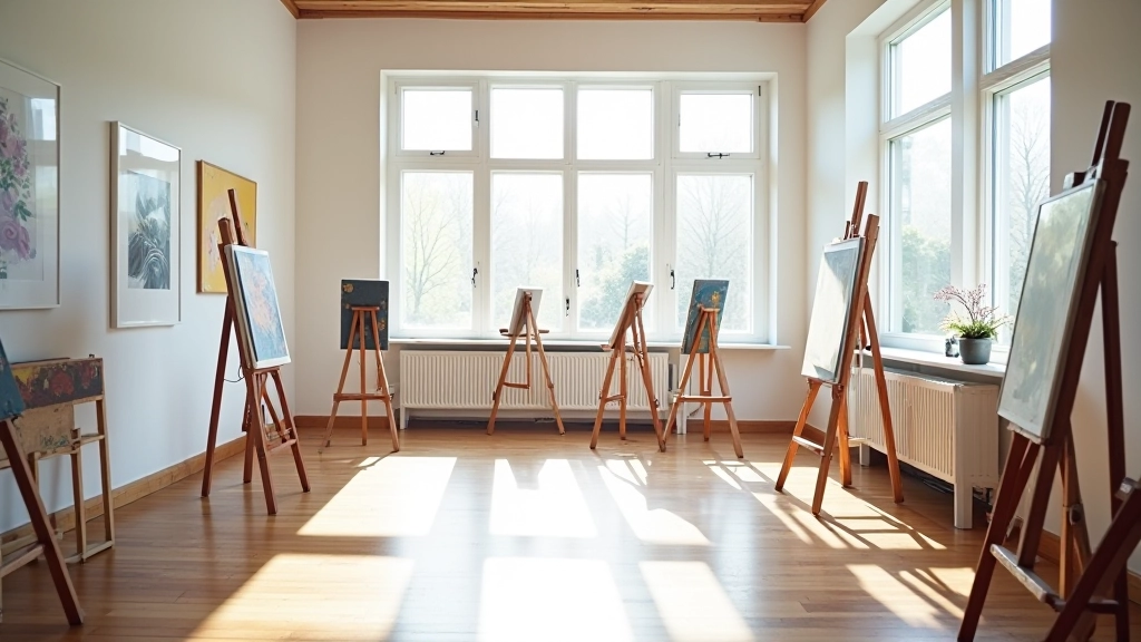 Interior of a bright art studio with large windows, easels arranged throughout, and colorful artwork on the walls