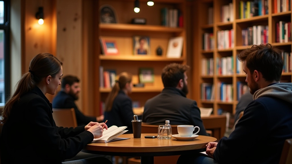 Small bookstore cafe with wooden tables, coffee cups, and people reading, warm atmospheric lighting and cozy interior