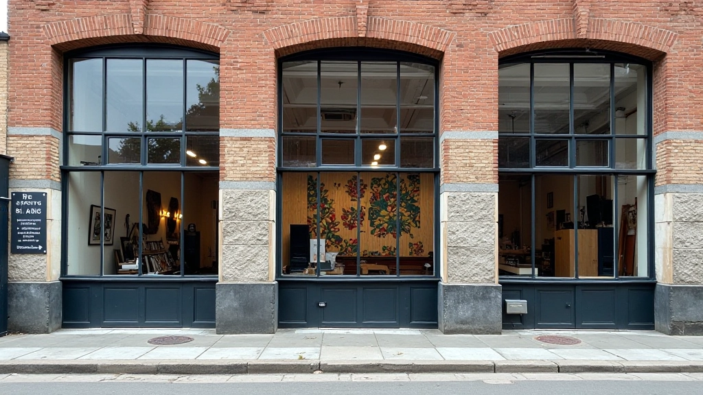 Exterior of a converted warehouse building with large windows and an artist-painted mural on one side, street view with trees and lamp post