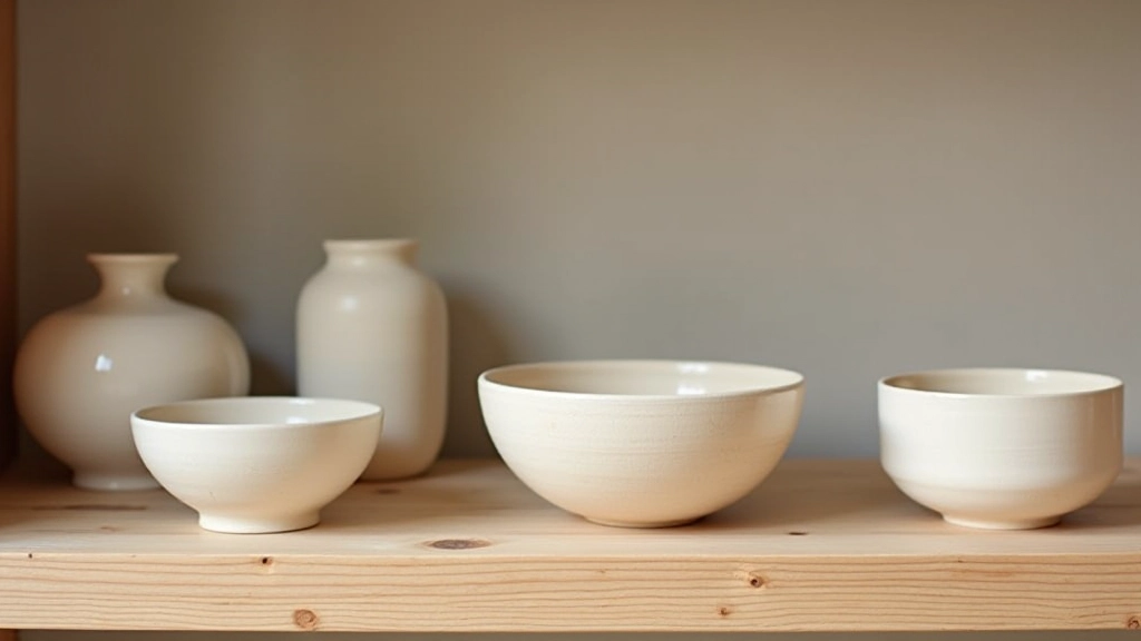 Finished ceramic bowls and vessels displayed on wooden shelf, showing variety of glazes and colors from beginner pottery work