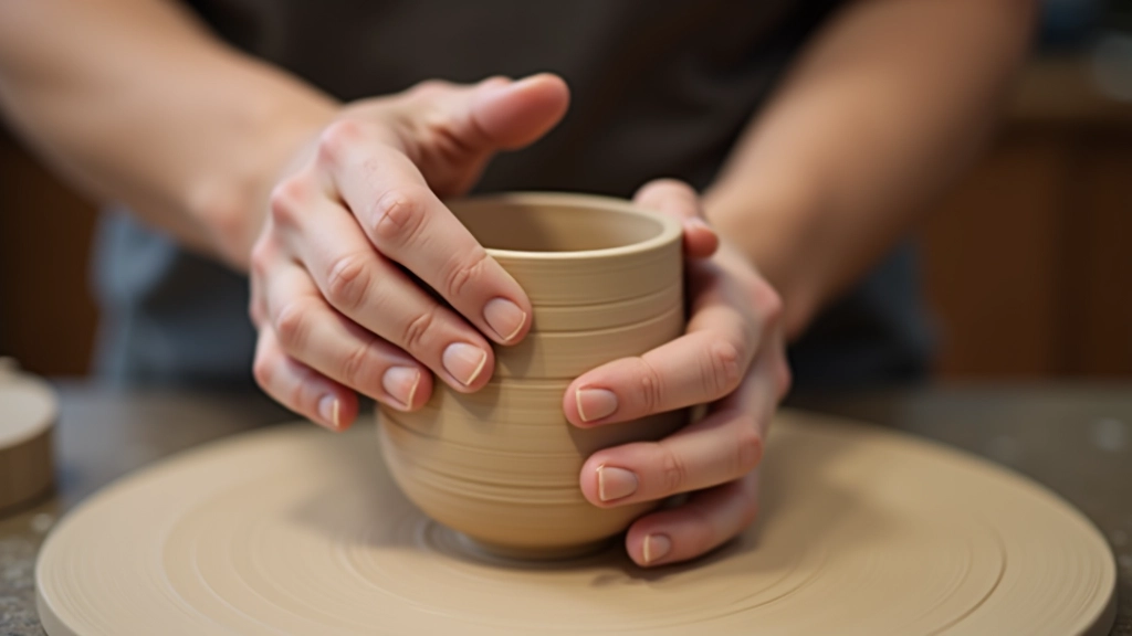 Close-up of hands demonstrating pinch pot technique, showing proper finger positioning on clay