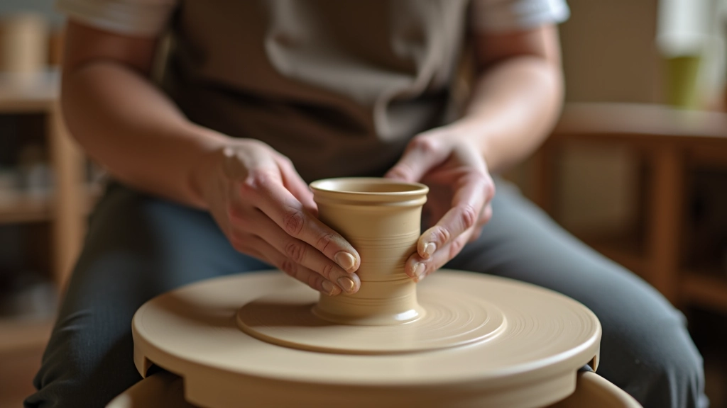 Hands working with clay on a pottery wheel in a bright studio space with natural light