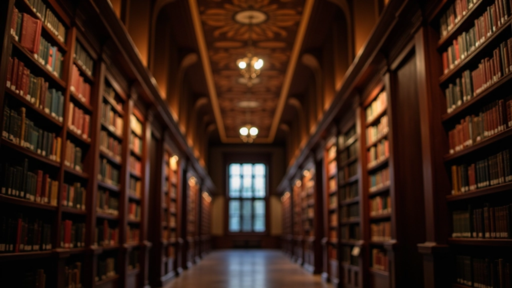 Interior of a historic library with tall wooden bookshelves and arched ceilings, soft warm lighting