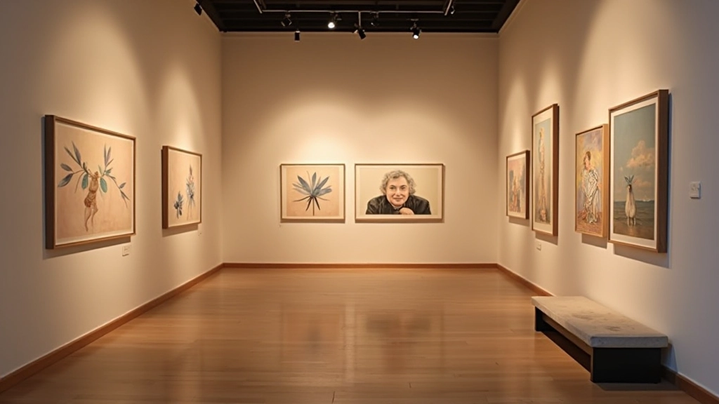 Interior of a small contemporary art gallery with paintings on white walls