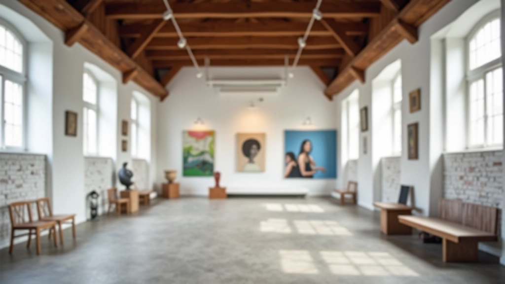 Contemporary art gallery with white walls, wooden beams, and colorful modern artwork installations, natural daylight from large windows