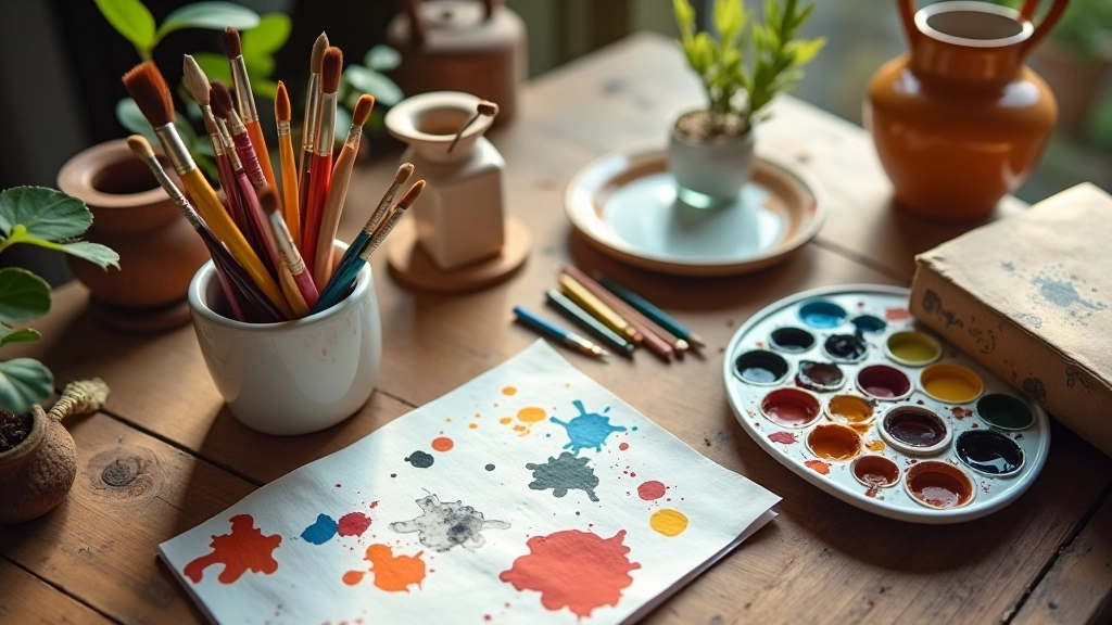 Close-up of art supplies on a wooden table including brushes in jars, paint tubes, palettes, and sketching materials