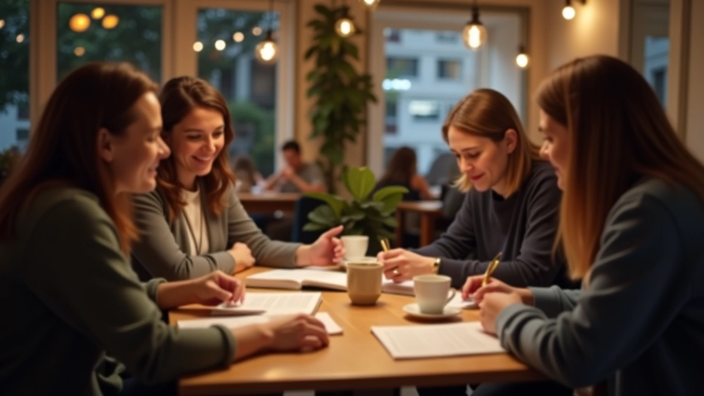 Group of people sitting around a café table with open books, warm lighting, engaged conversation