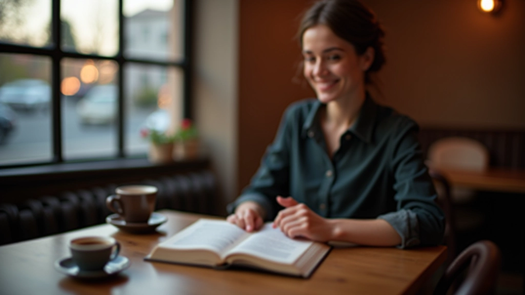 Person sitting at a café window table with open book and coffee, evening light streaming through glass
