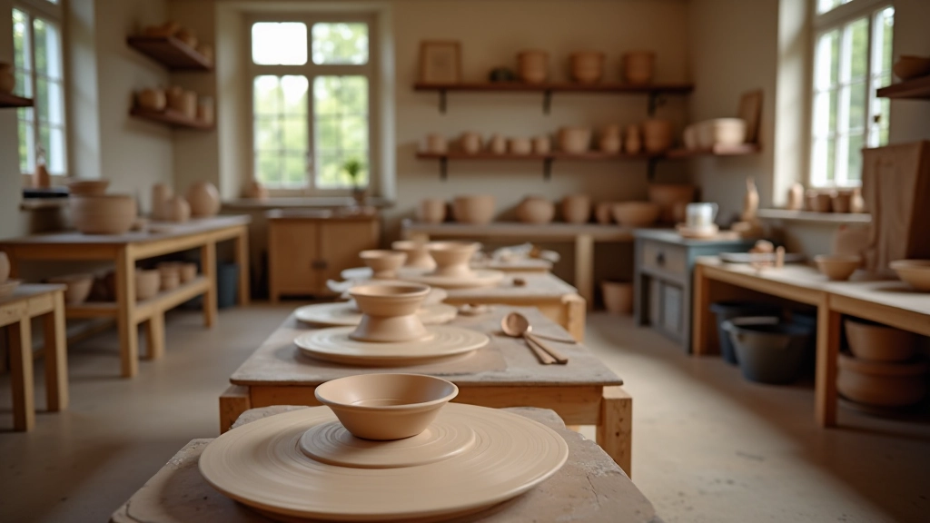 Modern pottery studio with multiple spinning wheels, large windows with natural light, organized shelves of clay and tools