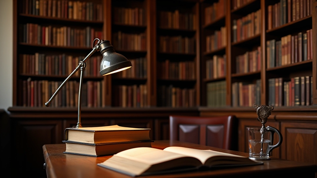 Wooden shelves filled with vintage books and rare literary collections, warm amber lighting, antique reading desk with leather chair
