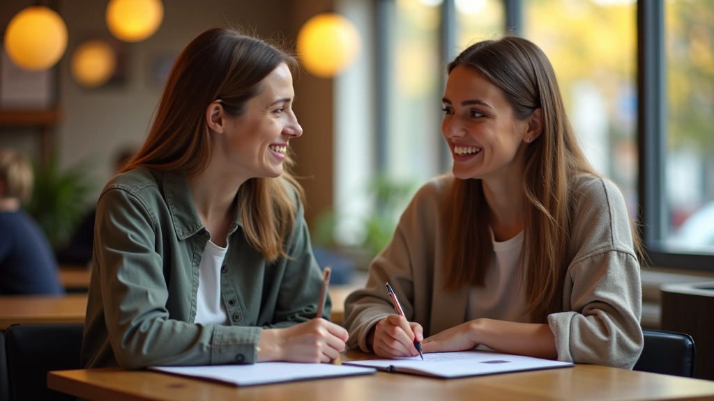 Language exchange participants at small café table, pointing at notebooks, smiling naturally