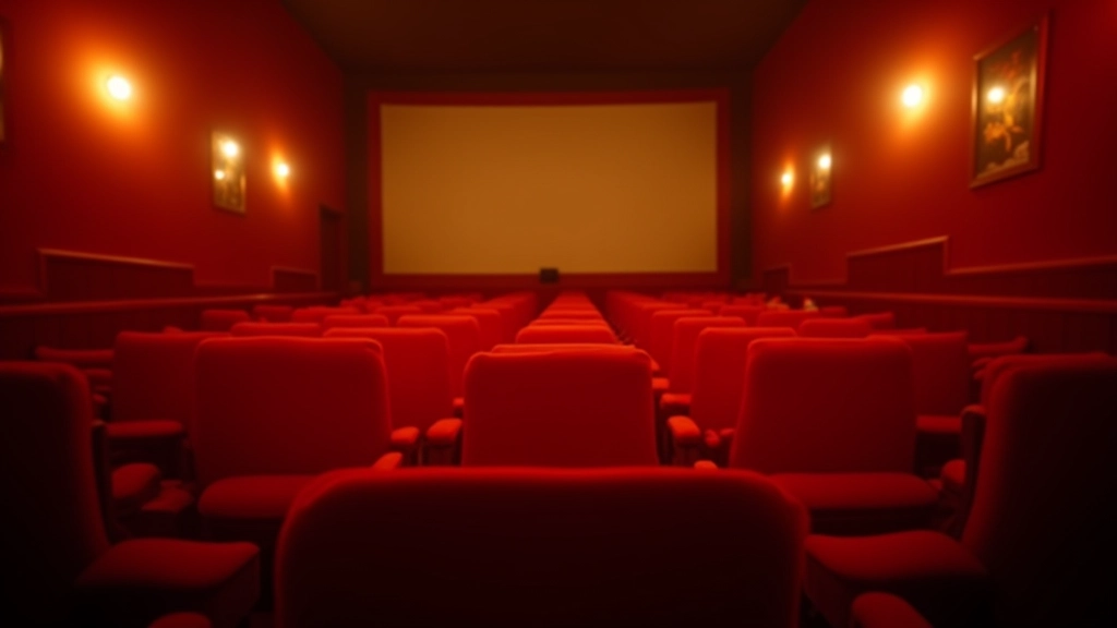 Vintage cinema interior with red seats, projection light visible, warm ambient lighting