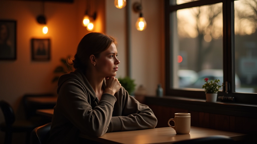 Person relaxing with book and coffee in a cozy cafe window seat at dusk