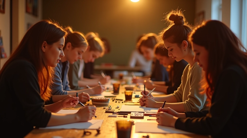 Young people enjoying creative activities and cultural experiences in Vilnius and Kaunas, vibrant evening atmosphere with art galleries and community spaces